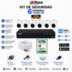 DAHUA - Kit 6 Cámaras de Seguridad CCTV Full HD 1080P Monitoreo 24/7