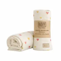 NOVY BABYS - Manta Mueslina para bebé Corazones115cm x 115 cm