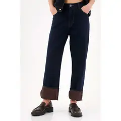 TENNIS - Jean recto con dobladillo ancho en denim azul oscuro para mujer