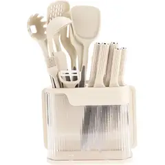 GENERICO - SET DE COCINA CUCHARON CUCHILLOS TIJERAS TABLA DE PICAR 17 PIEZAS