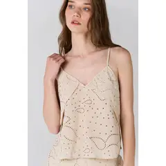 TOPMARK - Top de tirantes fit relajado con bordado calado en algodón beige para mujer