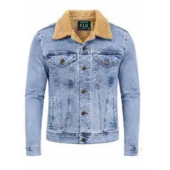 MODA EN CIRCUITO - Chaqueta de Jean para Hombre Azul Froster, Forrada en Ovejero Beige