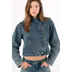 TENNIS - Camisa relajada con cruce asimétrico en algodón azul denim para mujer