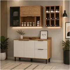 MUEBLES 2020 - Cocina 160 cm Ibiza 3 Puertas 2 Cajones Natural/Blanco Apagado