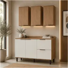 MUEBLES 2020 - Cocina 120 cm Dominica 5 Puertas 2 Cajones Natural/Blanco Apagado