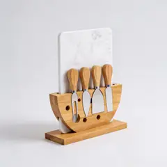 GENERICO - Set Premium Tabla Para Quesos Vertical Madera Y Mármol + 4 Utensilios