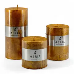 GIO HOME - SET VELAS AERIA DORADA CON ADORNO PLATEADO 7.5CM, 10CM y 15CM SIN AROMA