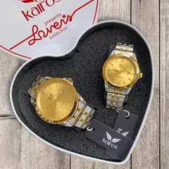 TIME - RELOJ KAIROS BICOLOR FONDO DORADO EN PAREJA ANALOGO CALENDARIO EN ACERO + ESTUCHE DE CORAZON