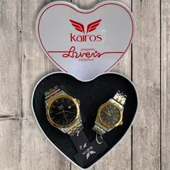 TIME - RELOJ KAIROS BICOLOR FONDO NEGRO EN PAREJA ANALOGO CALENDARIO EN ACERO + ESTUCHE DE CORAZON