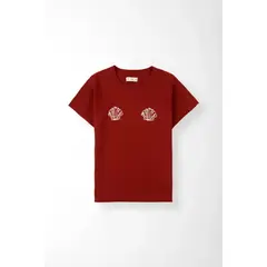 TENNIS - Camiseta corte recto con doble gráfico de conchas en algodón rojo para mujer