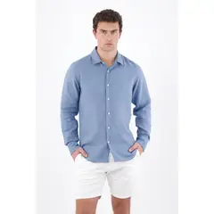 TENNIS - Camisa regular fit con botones blancos en lino azul para hombre