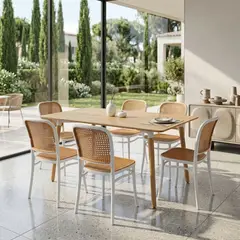 ENTRE NOS HOME - JUEGO DE COMEDOR SERENA X6 - MESA RECTANGULAR HONEY Y SILLAS BLANCAS EFECTO RATÁN