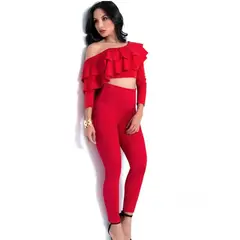 VIA7 - Conjunto de Dos Piezas Rojo - Top de Volantes Asimétrico y Leggings