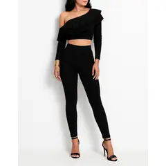 VIA7 - Conjunto de Dos Piezas Rojo - Top de Volantes Asimétrico y Leggings