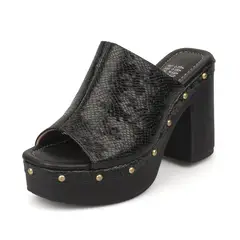 VIZZANO - Sandalia Tacon Alto Cuadrado Mule Napa PitonPelica Negro