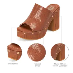 VIZZANO - Sandalia Tacon Alto Cuadrado Mule Verniz Croco Mocca