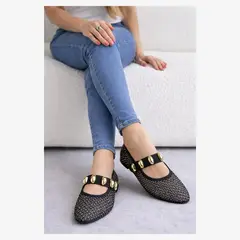 GENERICO - Baletas Marsella Negro Mesh con Apliques Dorados Elegantes Mujer