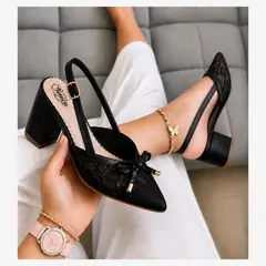 GENERICO - Tacón Aurora Negro con Encaje y Moño Elegante para Mujer