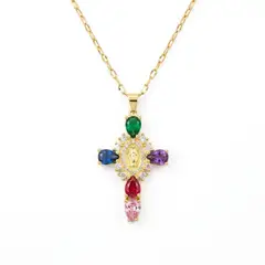 DELUXE - Collar Cadena Con Dije De Cruz Multicolor En Acero Inoxidable + Caja