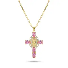 DELUXE - Collar Cadena Con Dije De Cruz Rosada En Acero Inoxidable + Caja