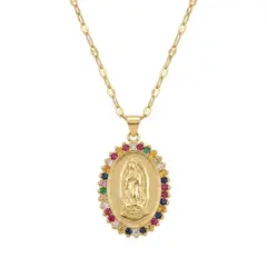 DELUXE - Collar Cadena Con Dije De Virgen Con Piedras Multicolor En Acero Inoxidable + Caja