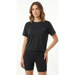 BELIFE - Camiseta deportiva negra silueta corta para mujer