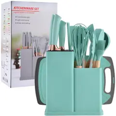 SKY - Set De Cocina x19 Piezas Utensilios Silicona, Cuchillos, Cucharones y Tabla