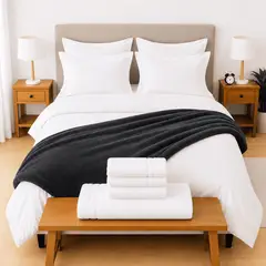 LILE - Combo Soltero Blanco Plumón + Juego de Duvet + Almohadas + Cobija Bunny + Antifluido y Toallas