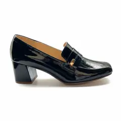 HACHE SHOES - Tacones Mocasin de Charol Mujer Elegantes Tacón Bajo Negro
