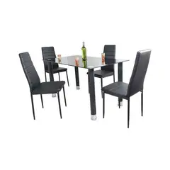 AKIVOY - Comedor 4 Puestos Talavera En Vidrio Asiento en Cuerina Color Negro