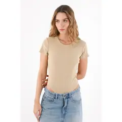 TOPMARK - Body camiseta para mujer en algodón beige fit ceñido acanalado