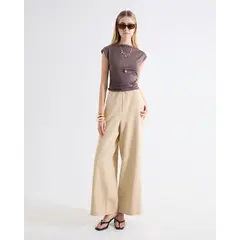 SEVEN SEVEN - Pantalón Palazzo Bolsillos Diagonales Para Mujer Beige