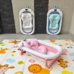 INDUHOGAR - Tina bebe plegable rosa con termometro + cojín