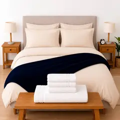 LILE - Combo Soltero Beige Plumón + Juego de Duvet + Almohadas + Cobija Bunny + Antifluido y Toallas