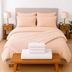 LILE - Combo Soltero Beige + Plumón + Juego de Duvet + Almohadas + Cobija Bunny + Antifluido y Toallas