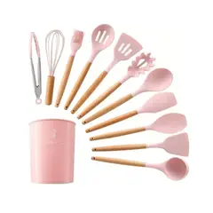 TECNOHOGAR JS - Set 12 Utensilios De Cocina Silicona Resistente Calor Juego rosa