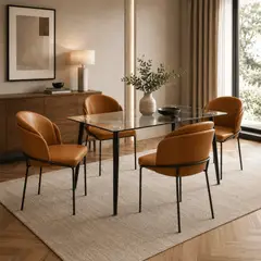 ENTRE NOS HOME - JUEGO DE COMEDOR MOLLIE X4 - MESA DE VIDRIO MOONLIGHT 120 CM Y SILLAS CUERO PU CARAMELO