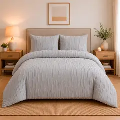 LILE - Juego de Duvet Jacquard Gris Claro Líneas + Sábana + Fundas