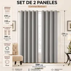 GENERICO - Cortina Blackout Gris Tipo Lino 300 x 220 cm – Set de 2 Paneles – Bloqueo Total de Luz
