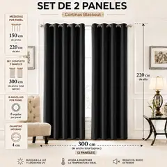 GENERICO - Cortina Blackout Negra Tipo Lino 300 x 220 cm – Set de 2 Paneles – Bloqueo Total de Luz