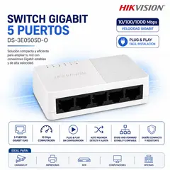 HIKVISION - Switch Gigabit 5 Puertos RJ45 10/100/1000 Mbps Plug & Play para Hogar y Oficina