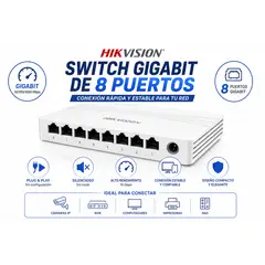 HIKVISION - Switch Gigabit 8 Puertos RJ45 10/100/1000 Mbps Plug & Play para Redes de Alta Velocidad