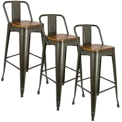 GENERICO - Set X3 Taburetes Alto Industrial Metal y Madera Verde Oliva Silla Bar Resistente Para Barra