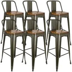 GENERICO - Set X6 Taburetes Alto Industrial Metal y Madera Verde Oliva Silla Bar Resistente Para Barra