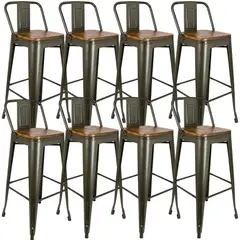 GENERICO - Set X8 Taburetes Alto Industrial Metal y Madera Verde Oliva Silla Bar Resistente Para Barra