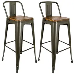 GENERICO - Set X2 Taburetes Alto Industrial Metal y Madera Verde Oliva Silla Bar Resistente Para Barra