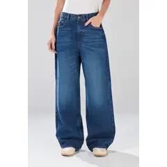 KOAJ - Jean azul oscuro baggy con tiro medio, bolsillos y bota Mujer