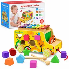 SWISSHOME - CARRO CON XILOFONO Y FICHAS PARA ENCAJAR JUEGO PARA NIÑOS +3 AÑOS.