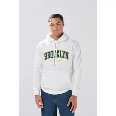 KOAJ - Buzo crema claro con arte college, capota y bolsillo Hombre