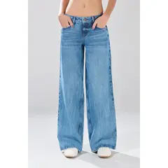 KOAJ - Jean open leg azul medio bota ancha con tiro bajo Mujer